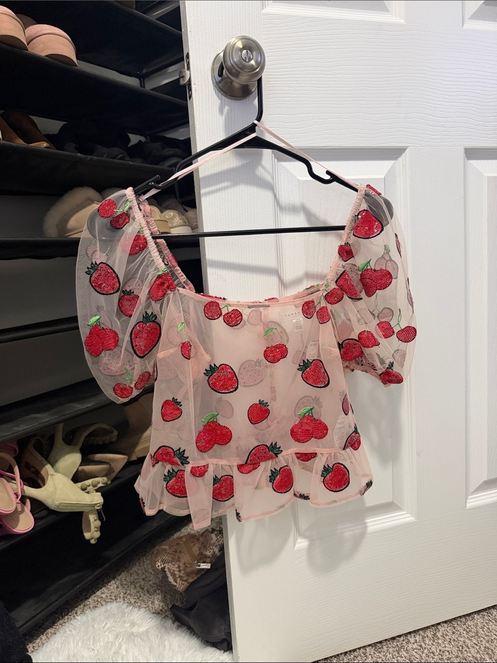 Topshop Pink Sheer Blouse with Red Strawberry Embroidery